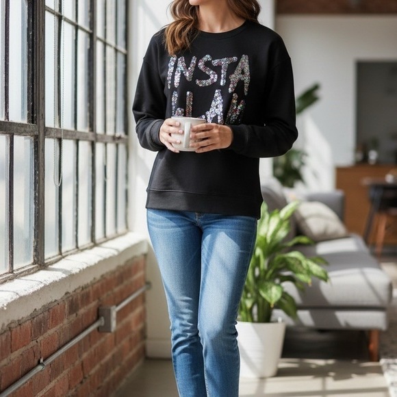 Juicy Couture Sweatshirt Womens XL Black Pullover Sequin Logo Graphic - Picture 3 of 4